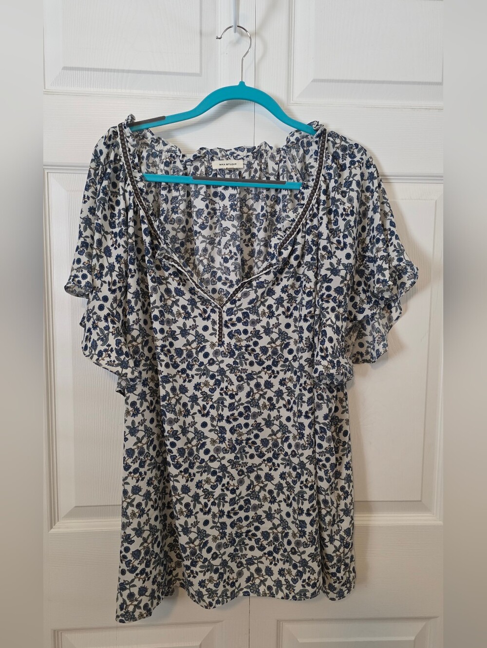 Max Studio White Blouse with Blue Floral Print